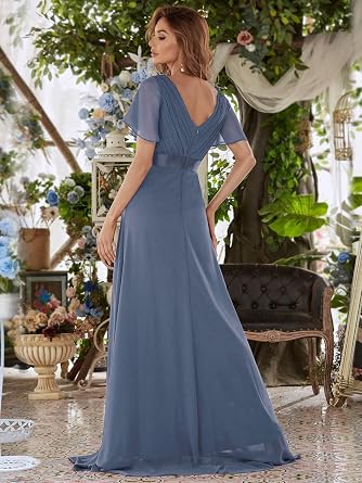 Ever-Pretty Women's Double V-Neck Short Flutter Sleeves Empire Waist Elegant Chiffon Long Evening Dresses 9890