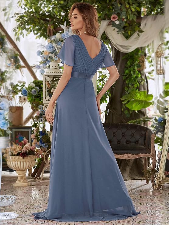 Ever-Pretty Women's Double V-Neck Short Flutter Sleeves Empire Waist Elegant Chiffon Long Evening Dresses 9890