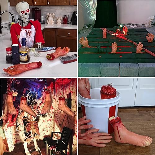 Miniatura 10 de XONOR Brazo humano de plástico para Halloween, manos suaves, piezas de cuerpo muerto sangriento, decoraciones de Halloween, 2 piezas (izquierda y