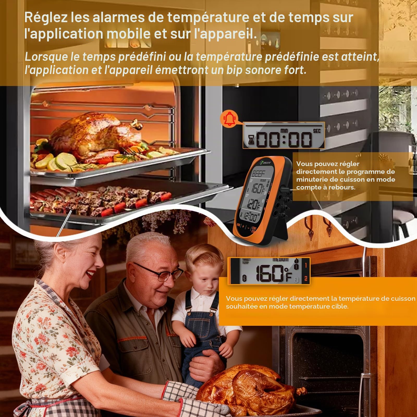 Meat Thermomètre numérique instantané avec 4 modes d'échantillons de mode temporisation pour barbecue, bonbons, aliments et fumoirs