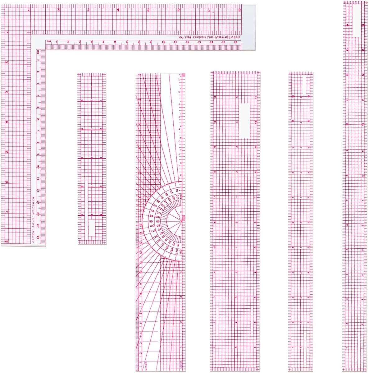 6 piezas de reglas transparentes para coser, juego de herramientas de medición de reglas transparentes, de plástico, biseladas, en pulgadas francesas, métricas y cuadradas en L con 2 escalas de rejilla para diseño de ropa