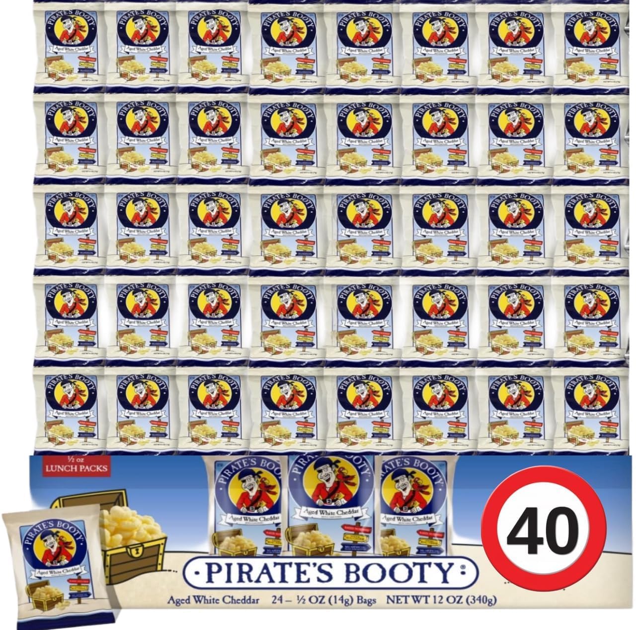 Pirate Booty, Bulk Aged White Cheddar Rice and Corn Puffs, 40 Count