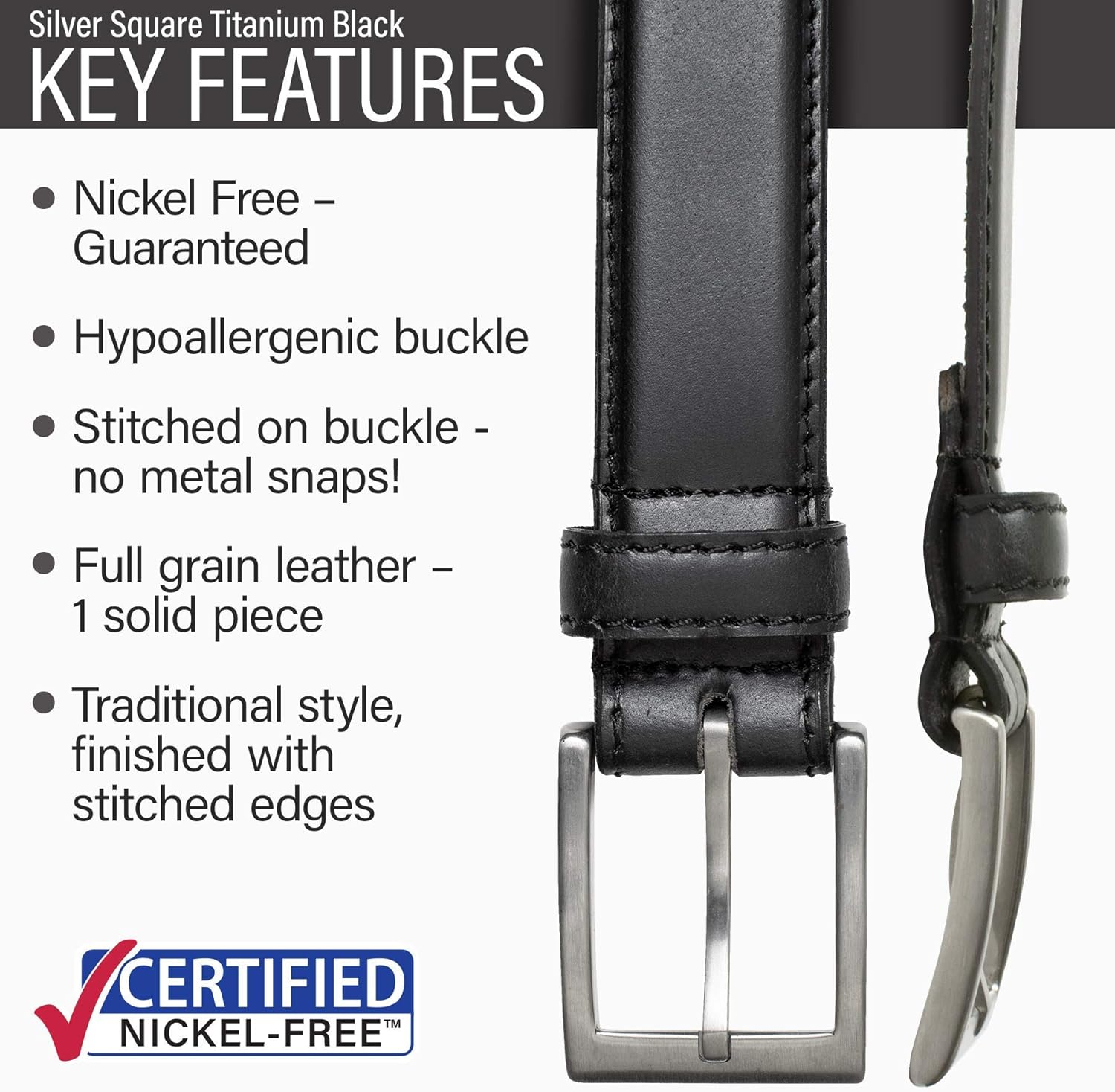 Silver Square Titanium Belt - Genuine Full Grain Leather Belt with Certified Nickel Free Titanium Buckle