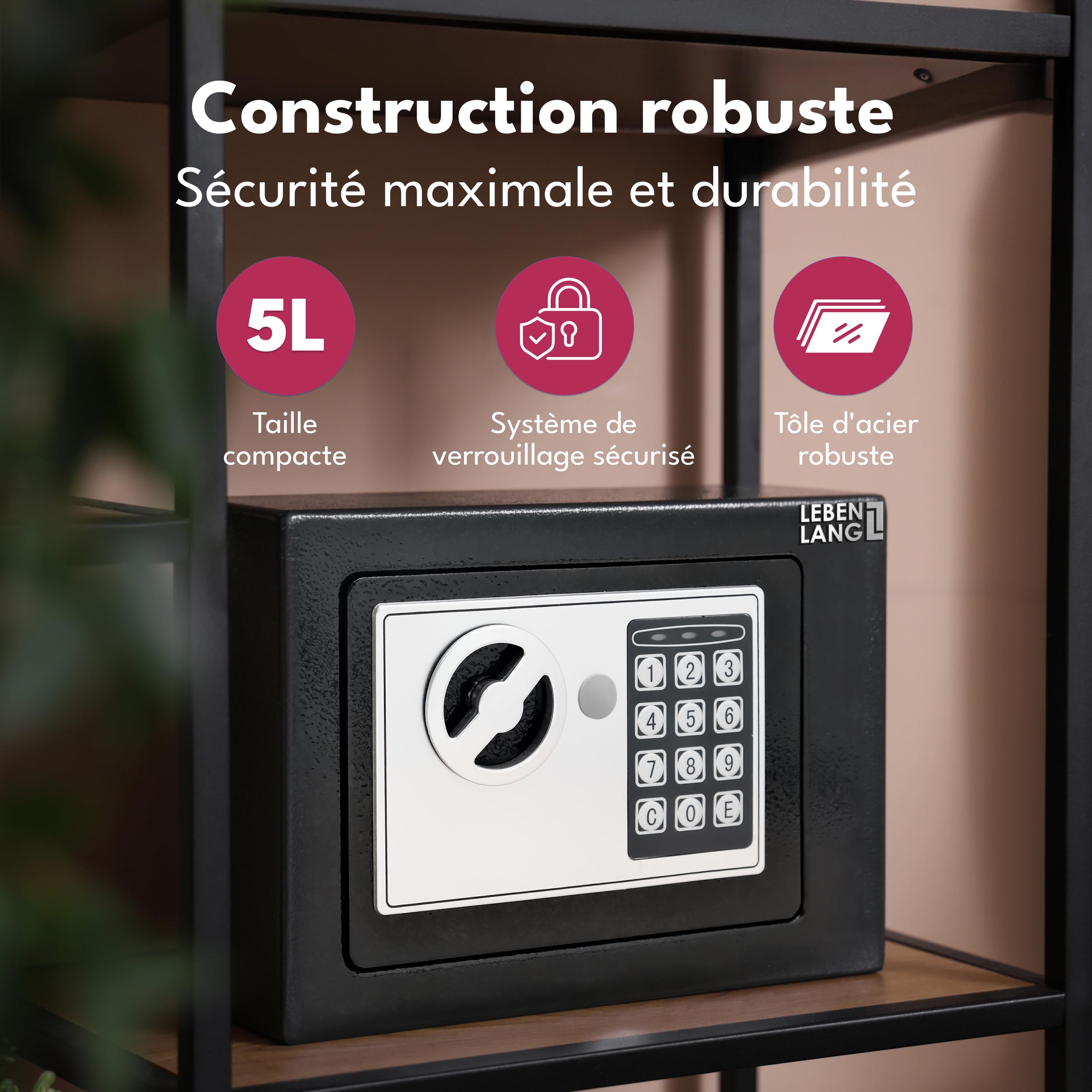 LEBENLANG 5L Coffre fort code - Aec pochette anti feu pour documents & a clef de secours I Accessoires de coffres-forts pour la maison avec serrure à combinaison I Petit Cofre fort Coffre-fort mural