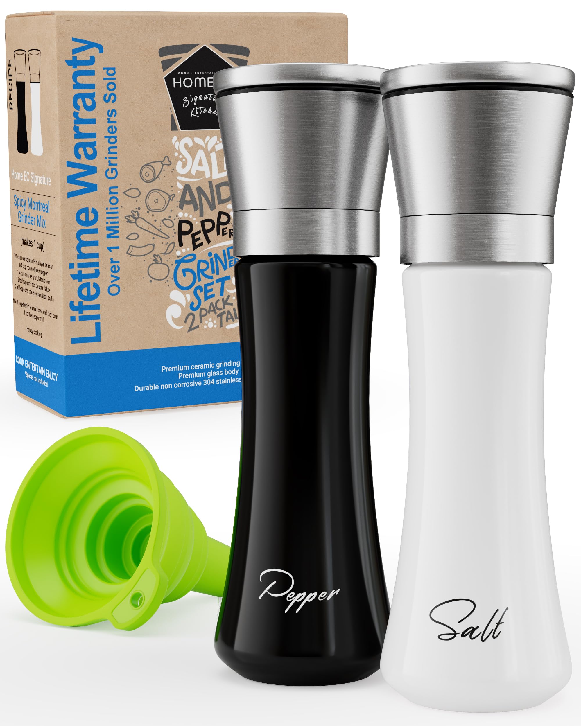 HOME EC Stainless Steel Salt and Pepper Grinder Set of 2 - Adjustable Ceramic Sea Salt Grinder & Pepper Grinder - Glass Salt and Pepper Shakers - Pepper Mill & Salt Mill W/Funnel - Black and White