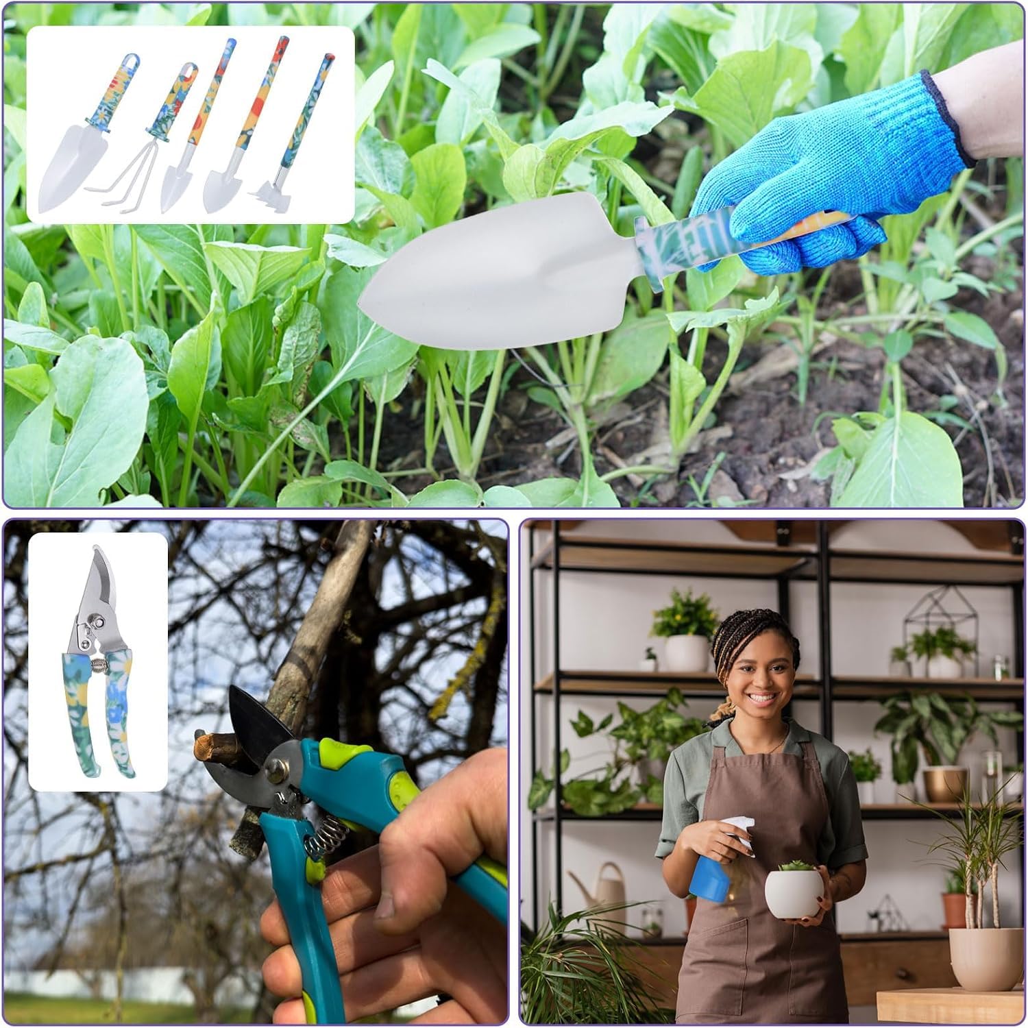 Juego De 10 Herramientas De Jardinería: Kit Completo De Jardinería De Plástico con Palas, Rastrillo, Tijeras, Desbrozadora, Pulverizador De Agua Y Estuche De Purple
