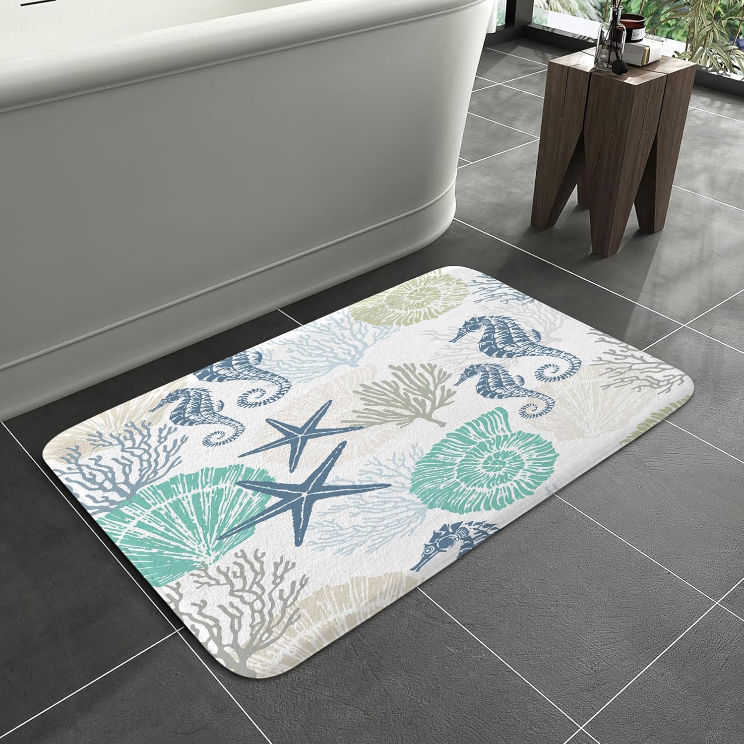 Beach Bathroom Rugs, Coral Ocean Themed Bath Mats for Bathroom, Tropical Starfish Seahorse Conch Bath Mats Rugs 17X29in - Image 5