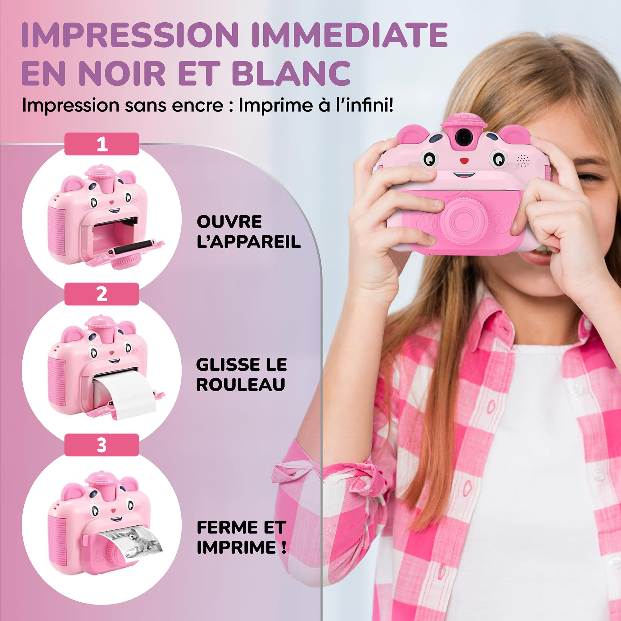 Appareil Photo Enfant Instantané Kawaii Ecran Couleur 12MP Photos Selfies Vidéos HD Carte 32 GB+Lecteur Carte+Rouleaux+Pack Art Créatif - Cadeau Fille