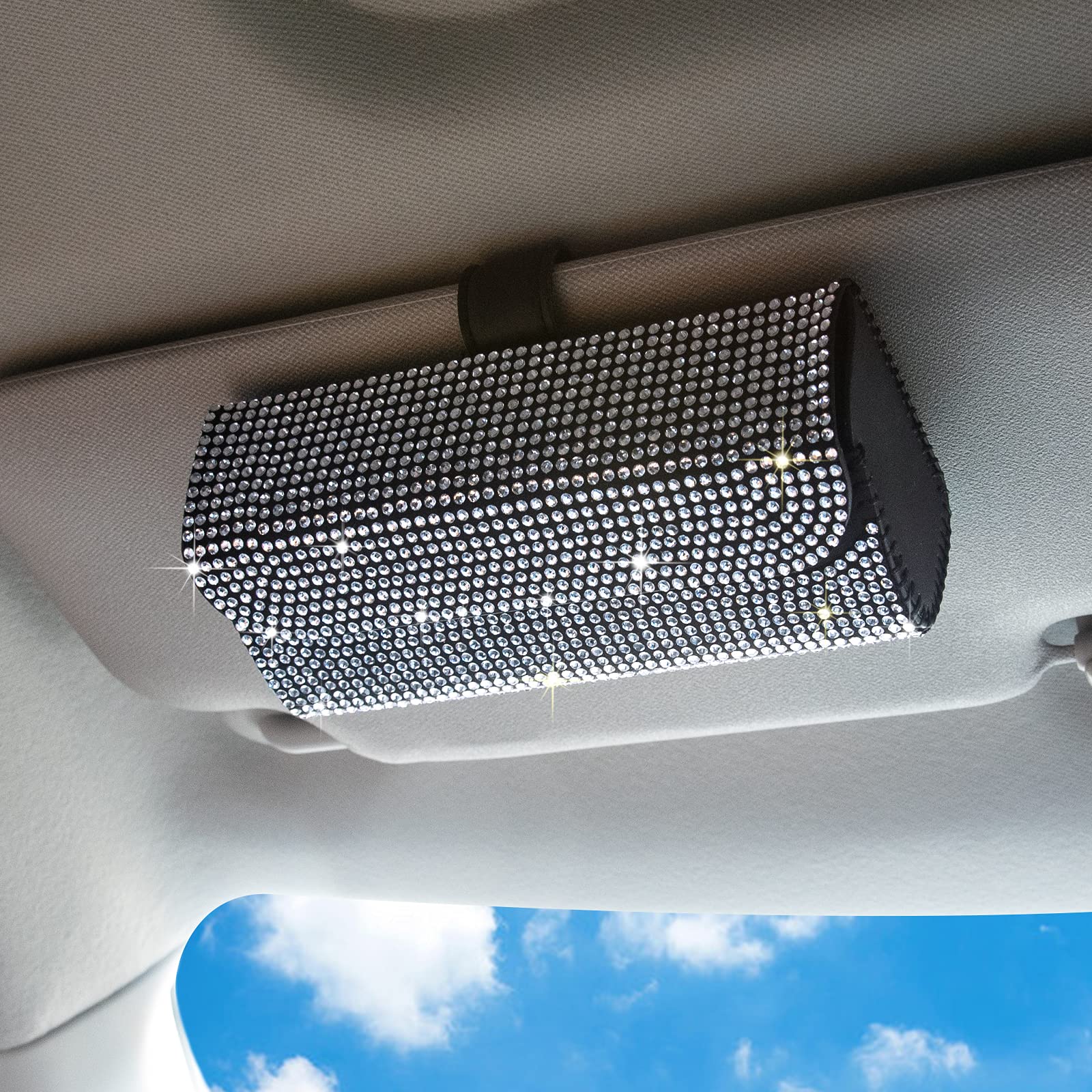 eing Bling Car Sun Visor Sunglasses Case Glasses Holder Clip Box Crystal Rhinestones Car Sunglasses Organizer Mount with Aromatherapy Card Slot,White