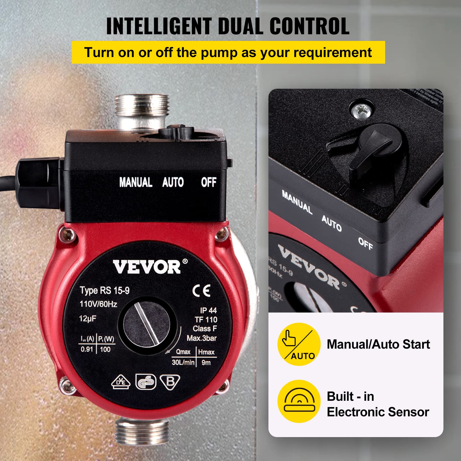 VEVOR Hot Water Recirculating Pump, 120W 110V Water Circulator Pump, Automatic Start Circulating Pump NPT 3/4" w/Brass Fittings, Stainless Steel Head, 2 Speed Control for Electric Water Heater System