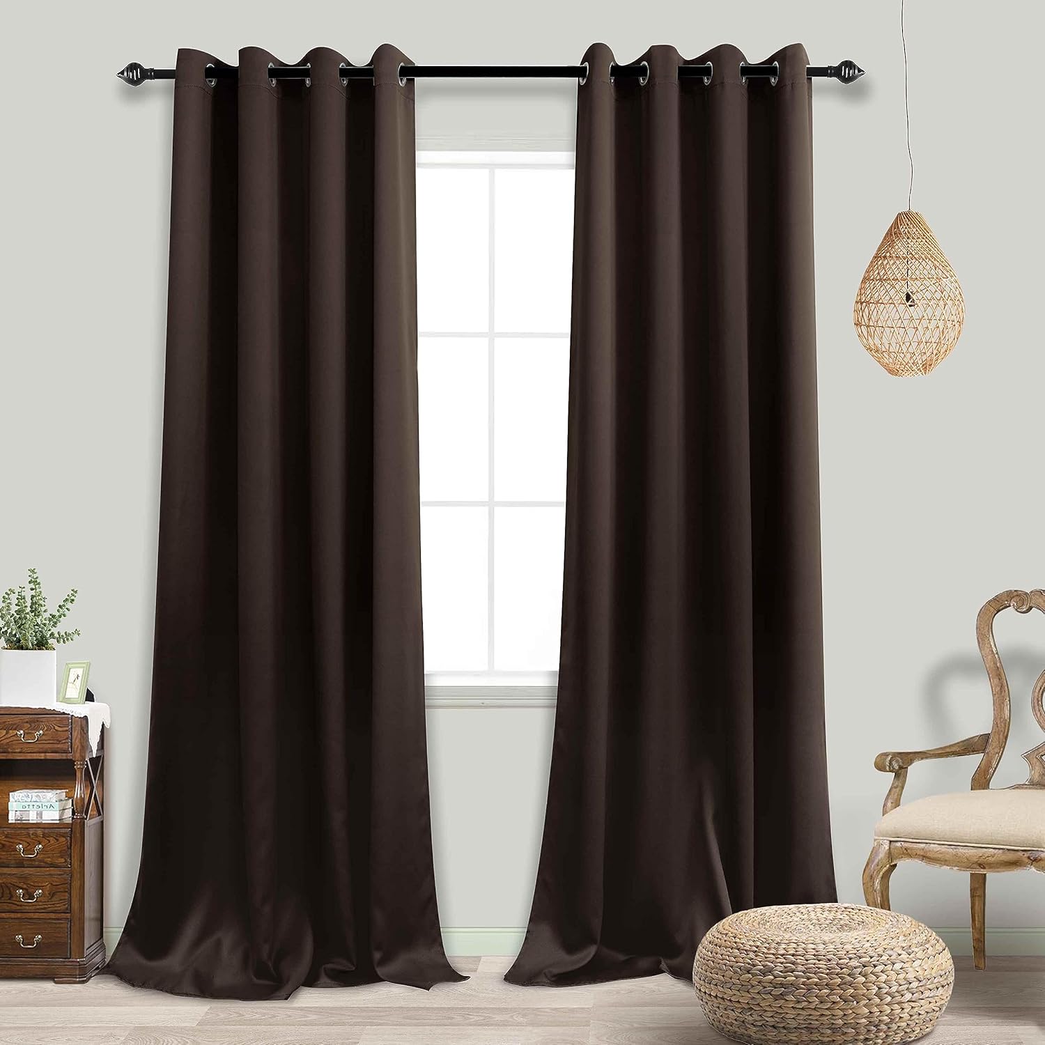 Solid Dark Brown Curtains for Living Room Bay Window,Smooth Satin Touch Polyester