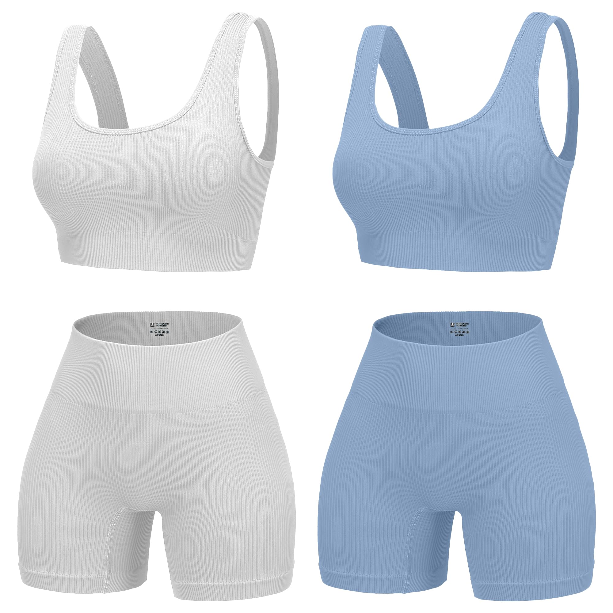 YWBIN 4 Piece Workout Sets for Women Seamless Ribbed High Waist Yoga shorts with Sports Bra Outfits