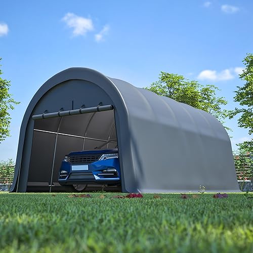 Anti-Snow 12x20 FT Carport,Grade Heavy Duty Portable Garage Canopy with Steel Frame & Vented Roof,Waterproof Outdoor Storage Shed W/Removable Double-Zipper Doors,for Vehicle, Boat,RV,Grey