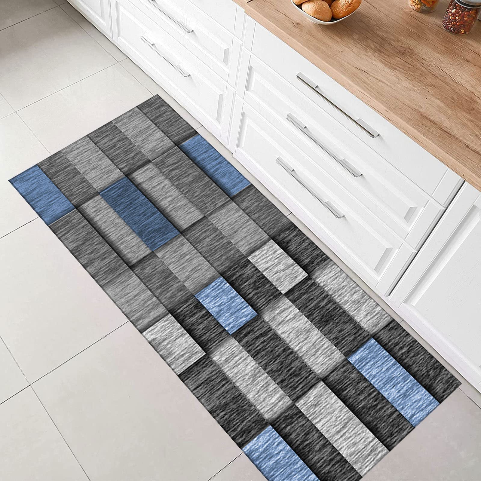 Rutschfester Läufer für Flur und Küche, modernes geometrisches gestreiftes rechteckiges Design, ideal für Wohnzimmer, vielseitig und langlebig