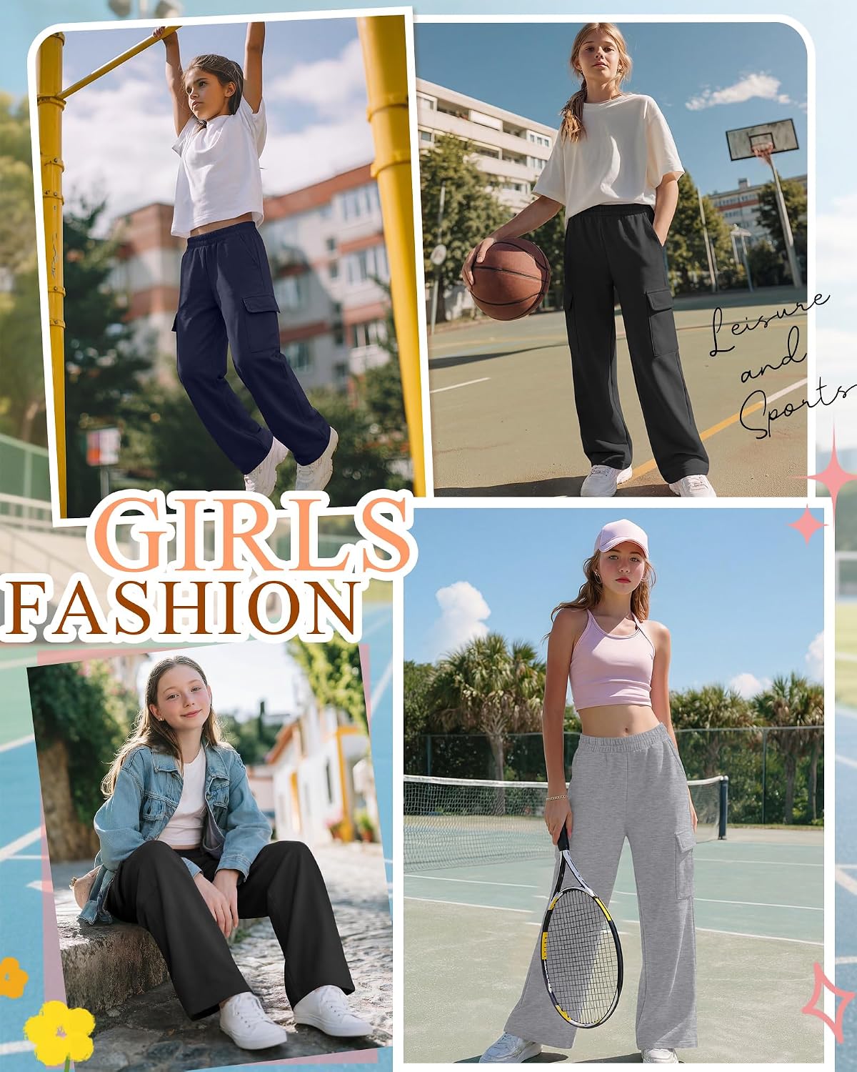 3 Pack Girls' Cargo Sweatpants Elastic Waist Straight Leg Joggers Athletic Casual Basic Pants with 4 Pockets