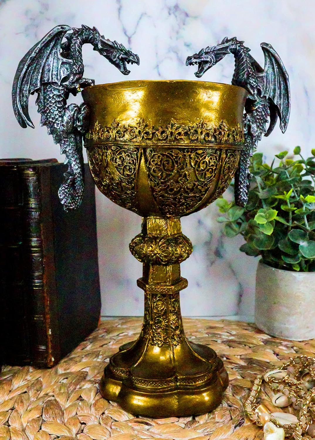 Ebros Gift Large Royal King Arthur Pendragon Dual Dragon Handles Holy Grail Chalice Medieval 10.5" H Decorative Goblet Golden Cup Merlin Lady Of The Lake Tales