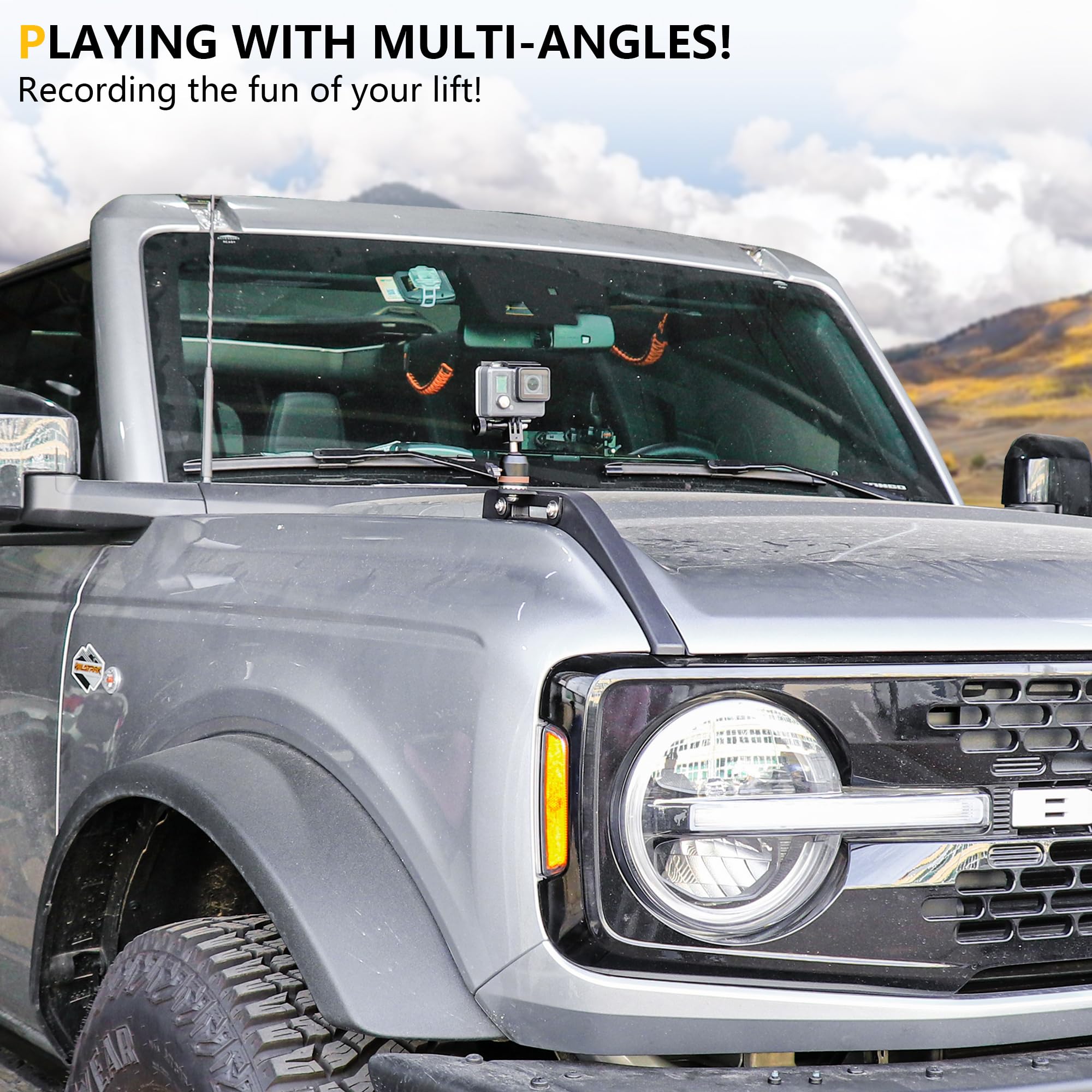 Soporte para cámara de acción GoPro para Ford Bronco 2021 2022 2023 2024, accesorios exteriores de 2/4 puertas, accesorios exteriores para capó, miras de sendero, montaje de mango de liberación