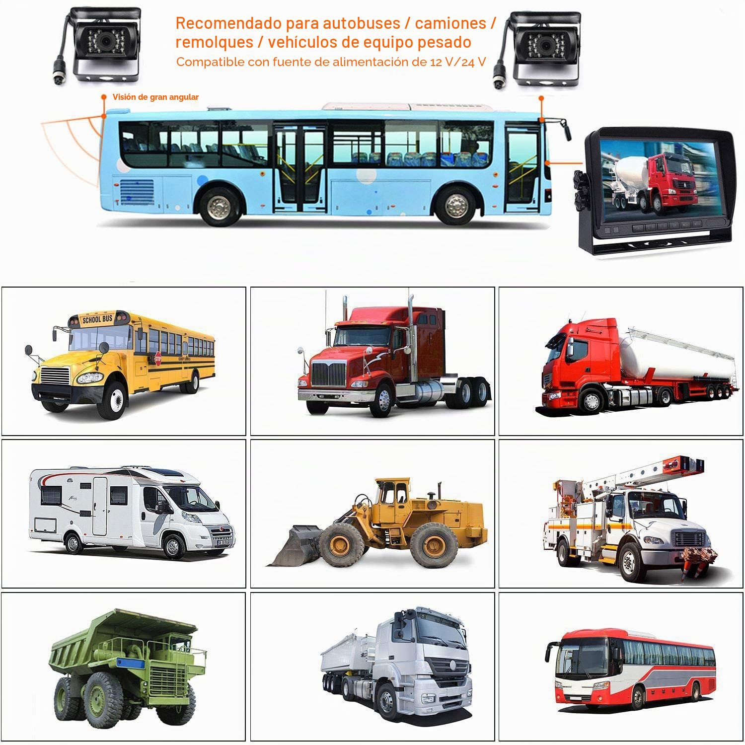 Sistema Cámara Marcha Atrás Vehículo, Monitor 7 Pulgadas + 2 Cámaras | Cámara marcha atrás impermeable visión nocturna IR para autocaravanas, autobuses, remolques, camiones, 12V-24V, Color, HD