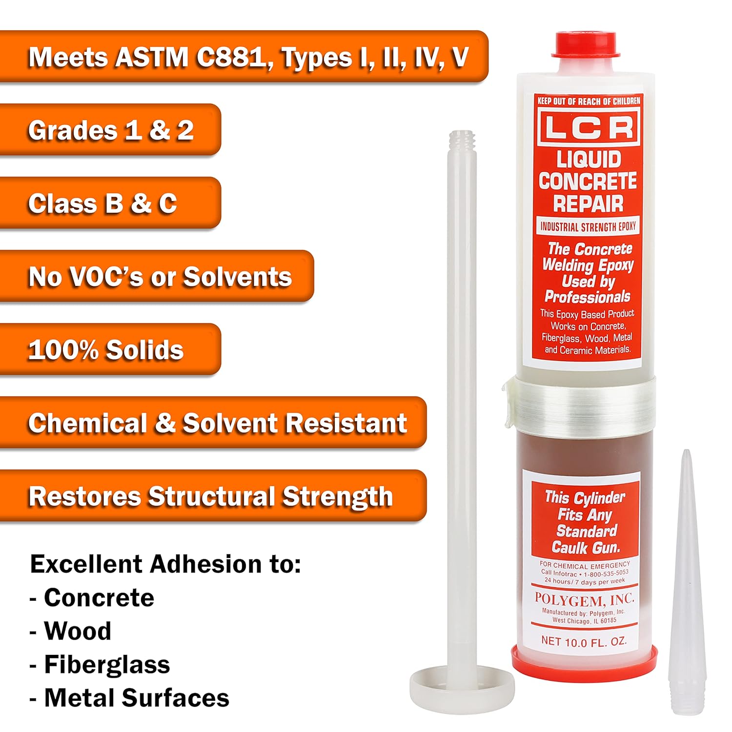LCR Injection Epoxy for Concrete, Fiberglass, Metal, and More; Combines Part A Resin and Part B Hardener for Use in One 10-Ounce Cartridge for Standard Caulking Guns; Use with LCR Crack