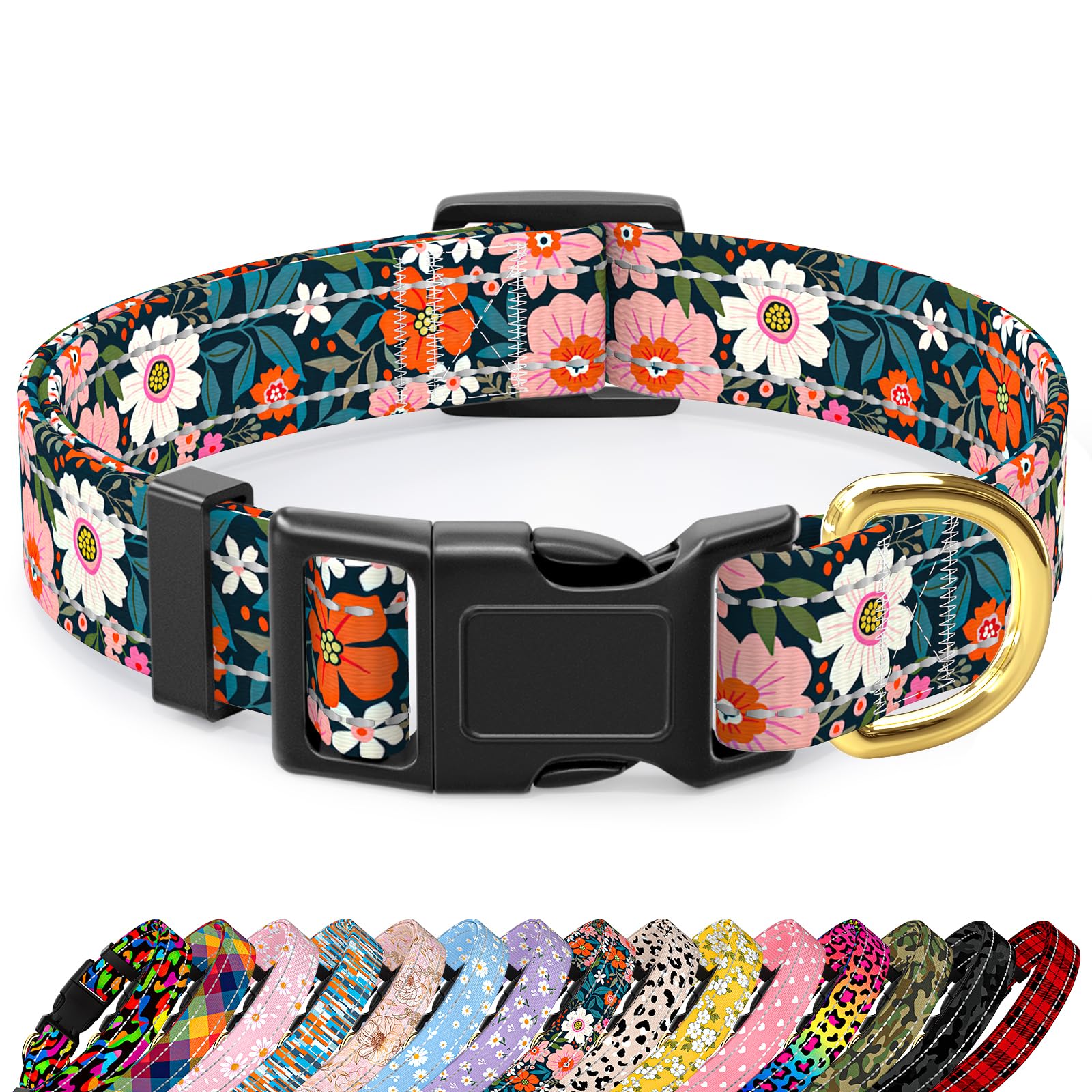 TMOODEL Reflective Dog Collar for Large Dogs, Cute Flower Theme Adjustable Heavy-Duty Nylon Puppy Collar for Boy and Girl Female, Soft Pet Accessories