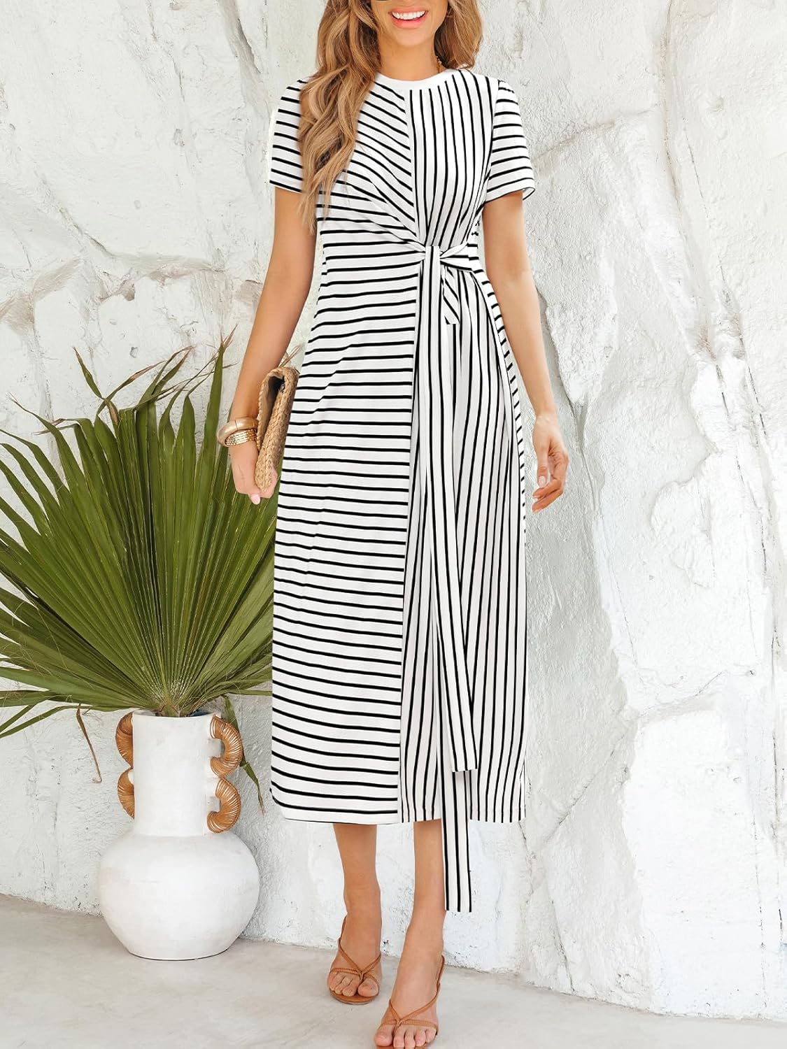 CUPSHE Women's Summer Striped Dresses Short Sleeve Tie Waist T Shirt Maxi Dress Casual Vacation Outfits - Image 2