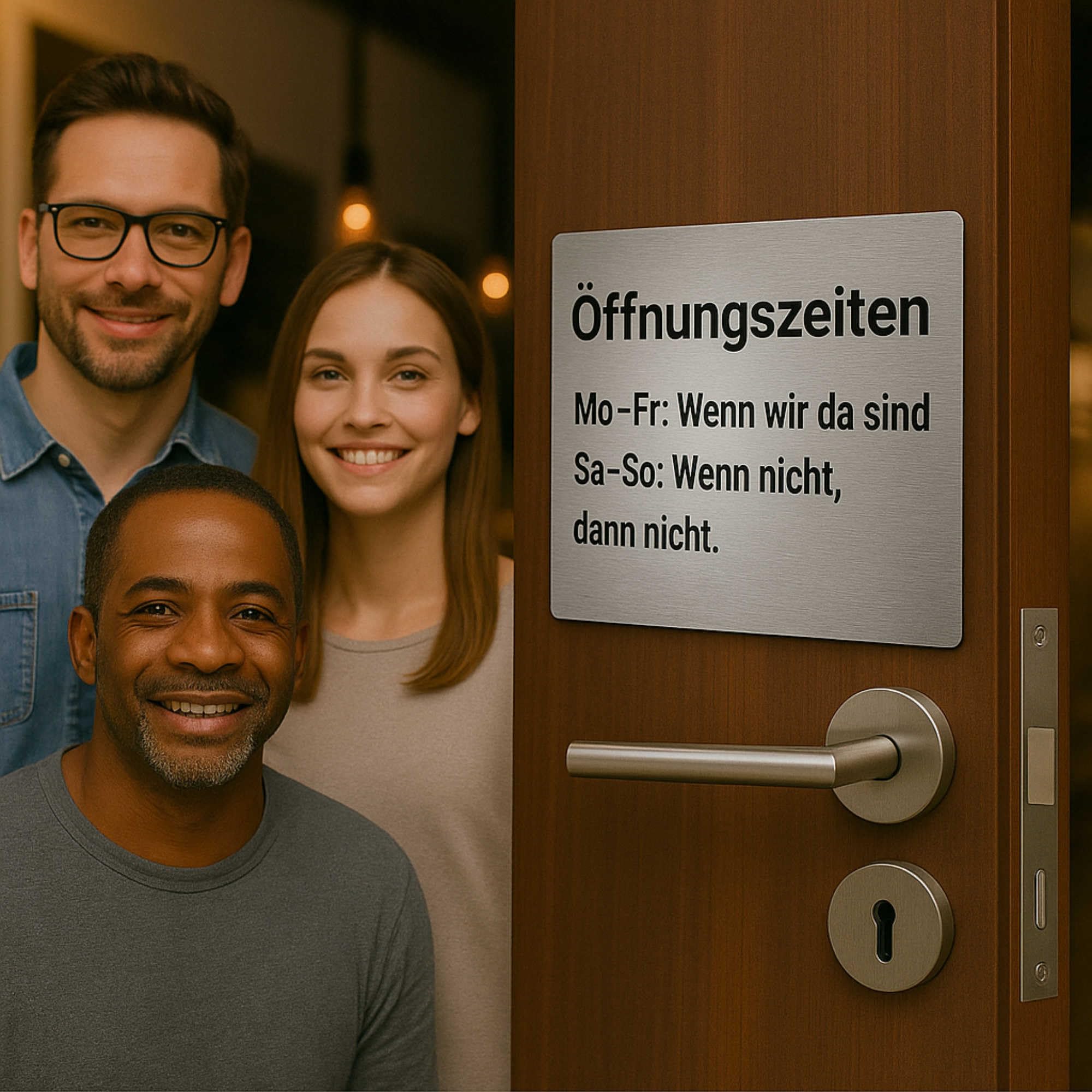 Indigos UG - Öffnungzeiten Schild Aluverbund 3mm Edelstahllook - Schilder selbst gestalten mit Wunschtext - 60x40 cm - wetterfestes Öffnungszeitenschild personalisierbar für Tür, Wand oder Gebäude