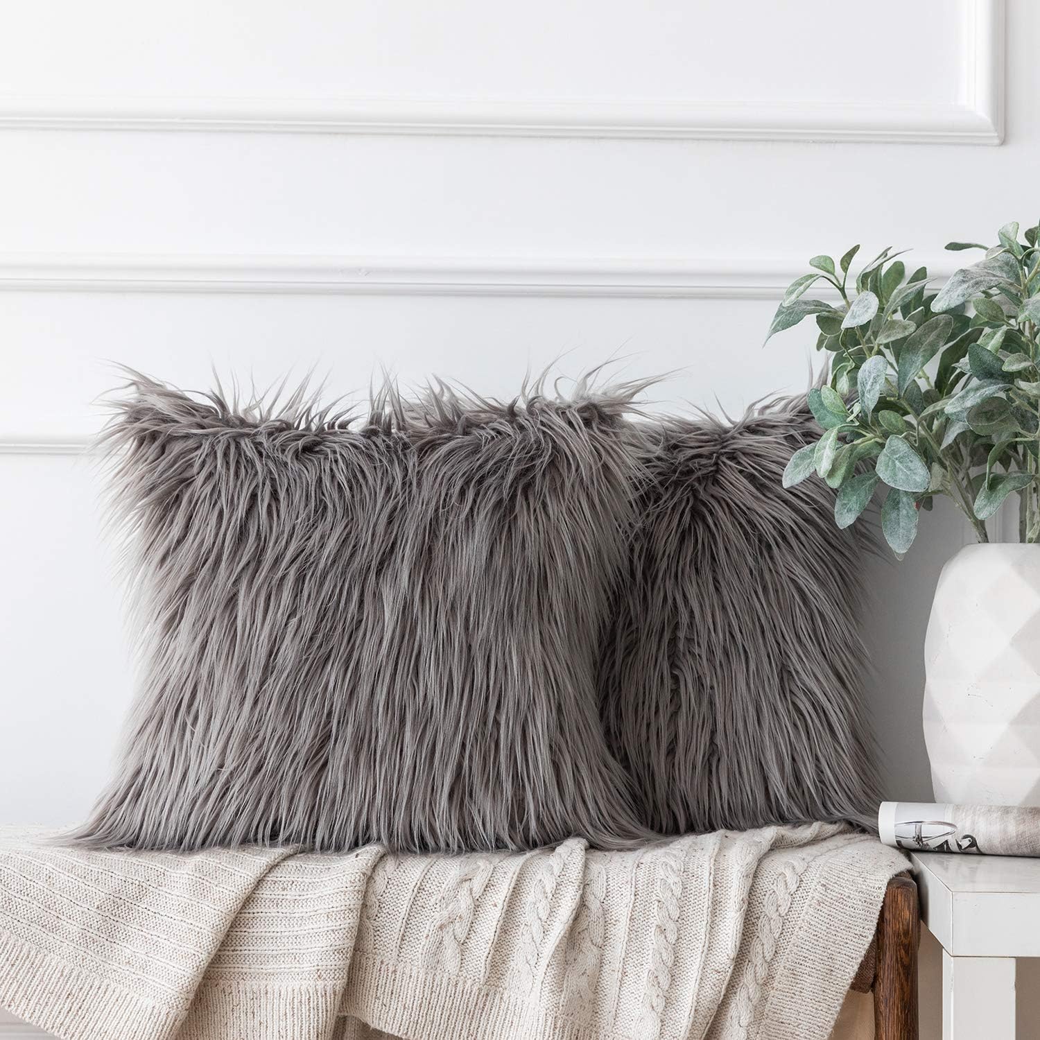 Ashler HOME DECO Pack of 2 Decorative Luxury Style Grey Faux Fur Throw Pillow Case Cushion Cover 20 x 20 Inches 50 x 50 cm