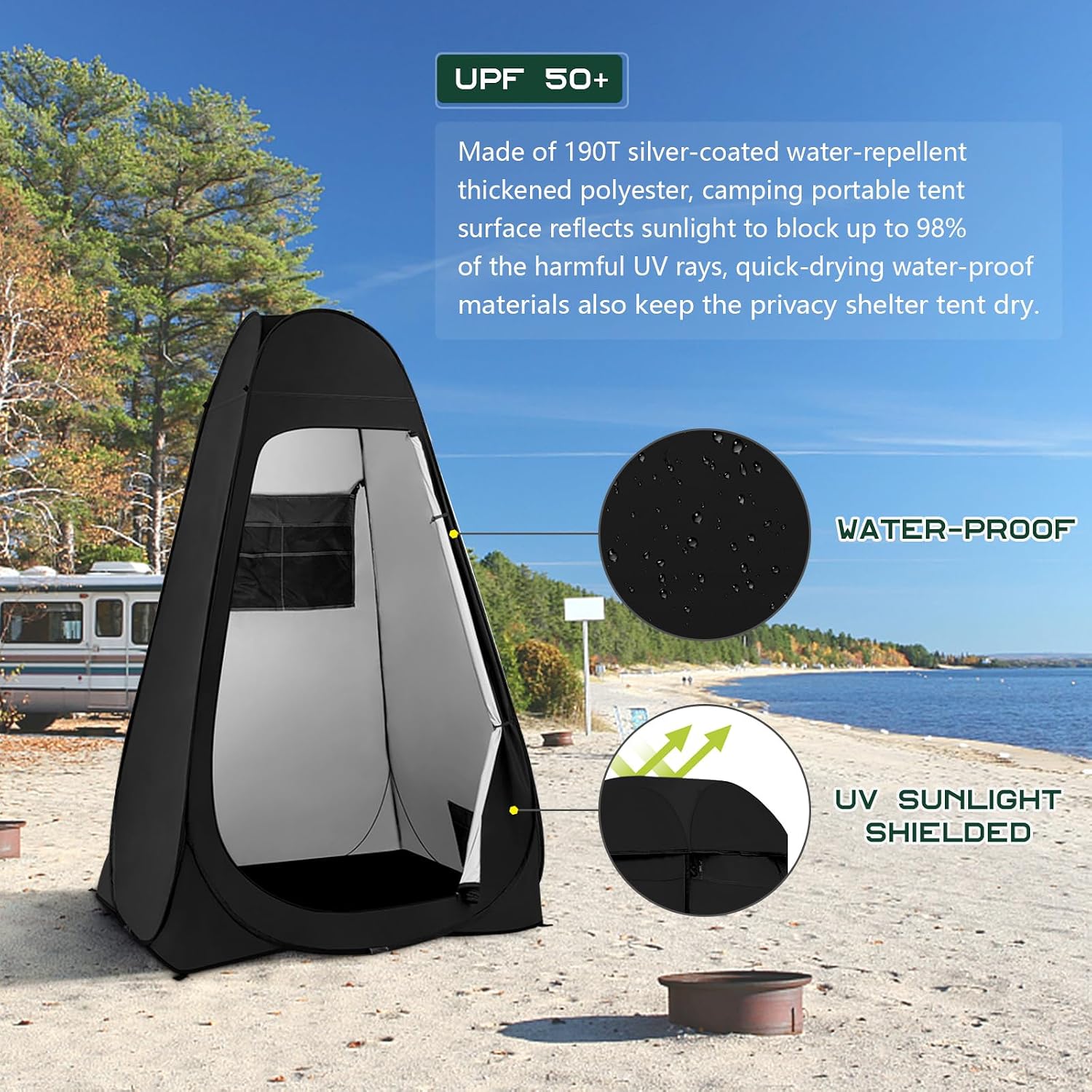 BRIAN & DANY Pop Up Shower Tent, 6.9 FT Tall Changing Tent with Rain Shelter & Windows, Portable Privacy Tent for Camping, Toilet or Bathroom, UPF 50+ & Waterproof, 47.2" x 47.2" x 82.7", Black image 5