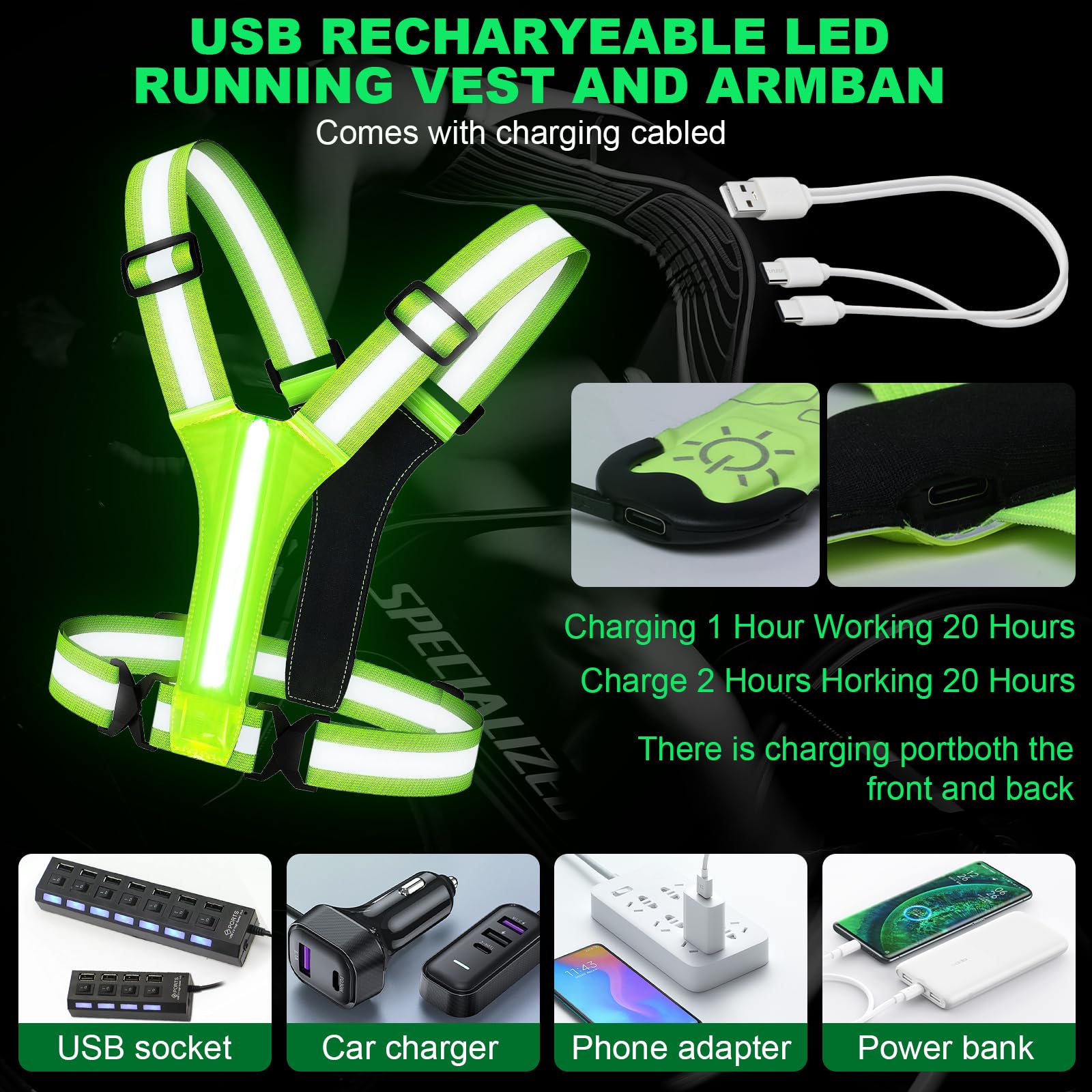 Équipement de course réfléchissant avec brassard LED rechargeable, 5 couleurs lumineuses, gilet de course réfléchissant rechargeable pour la marche de nuit, la course à pied, le cyclisme, le