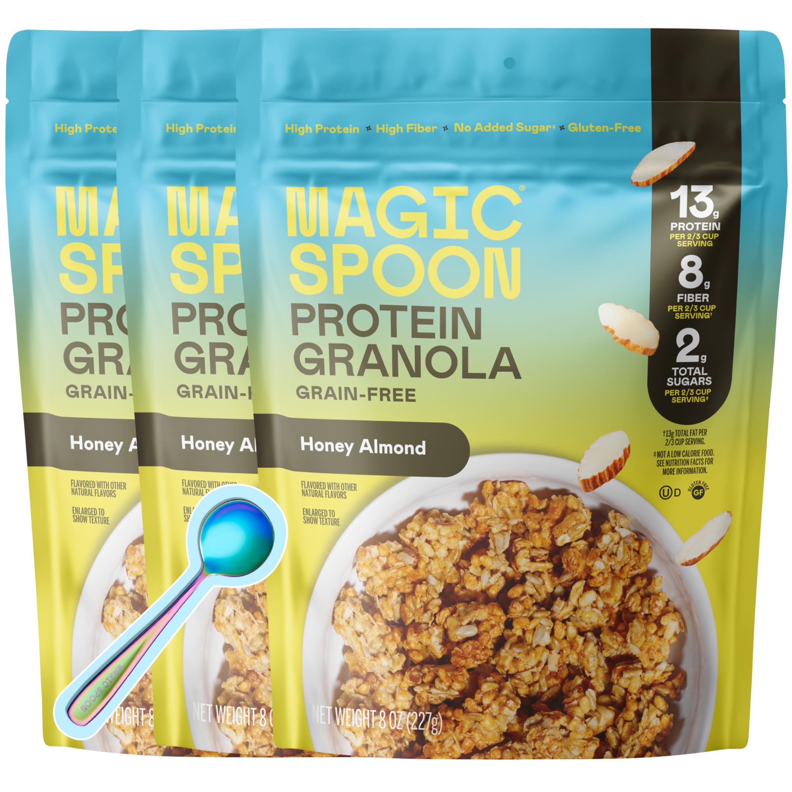 Magic Spoon Protein Granola - High Protein Granola, Keto Friendly, Low Sugar, Grain Free, Healthy Breakfast or Quick Snack (3 bags of Honey Almond)