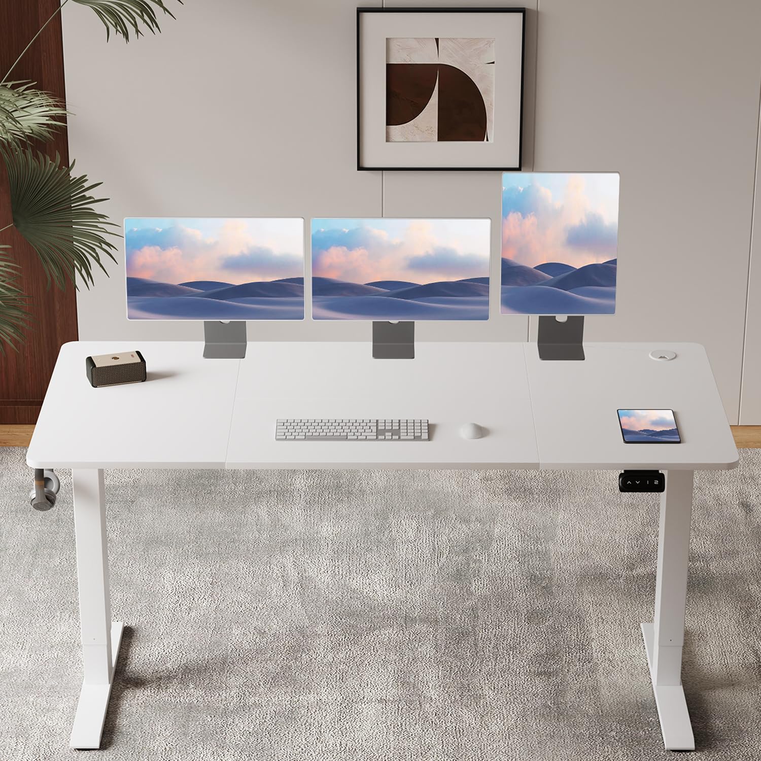 Flamaker Höhenverstellbarer Schreibtisch, Elektrischer Schreibtisch Höhenverstellbar für Steh-Sitz, Computertisch mit Memory-Funktion, Stabiler Tisch Standing Desk, Bürotisch,160 x 70 cm,Weißlich