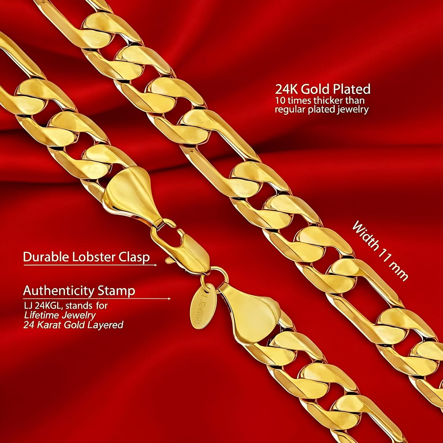 LIFETIME JEWELRY Beveled Gold Figaro Chain For Men and Women - 24k Real Gold Plated - Durable Clasp - with Lifetime Replacement