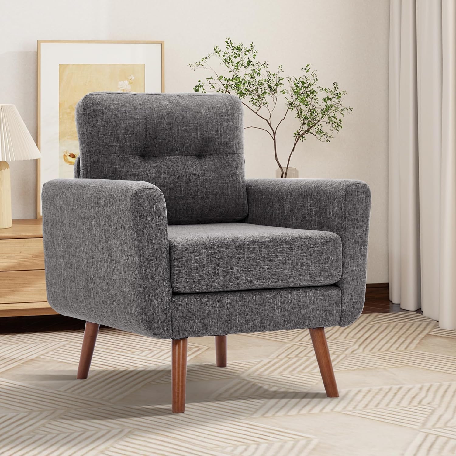 Accent Chair, Reading Chair for Living Room & Bedroom, Mid Century Modern Arm Chair, Button Tufted Upholstered Accent Chairs Sofa with Solid Wood Frame, Grey