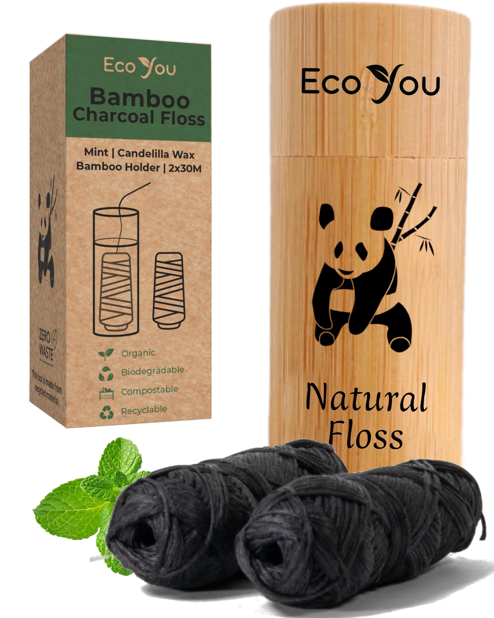 Charcoal Bamboo Floss | 2 Natural Floss Refill with Bamboo Container | Organic Mint & Candelilla Wax | Vegan & Biodegradable | Compatible with Similar Size Dental Silk Containers