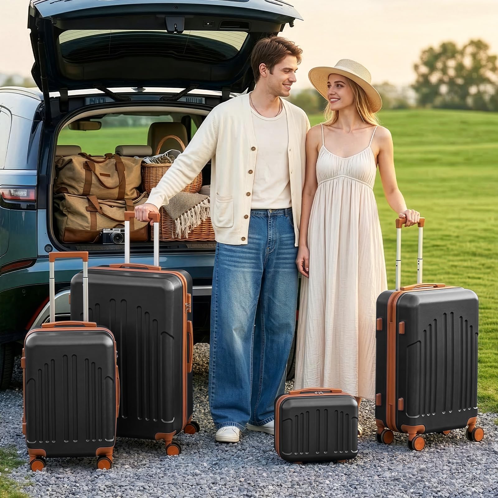 LALAHO Kofferset 4 teilig Hartschale mit Kosmetikkoffer (Schwarz-Braun) | Koffer Set 4 Stück aus ABS, Reisekoffer mit Rollen Groß, Hartschalenkoffer Set, Koffer & Trolleys, Handgepäck