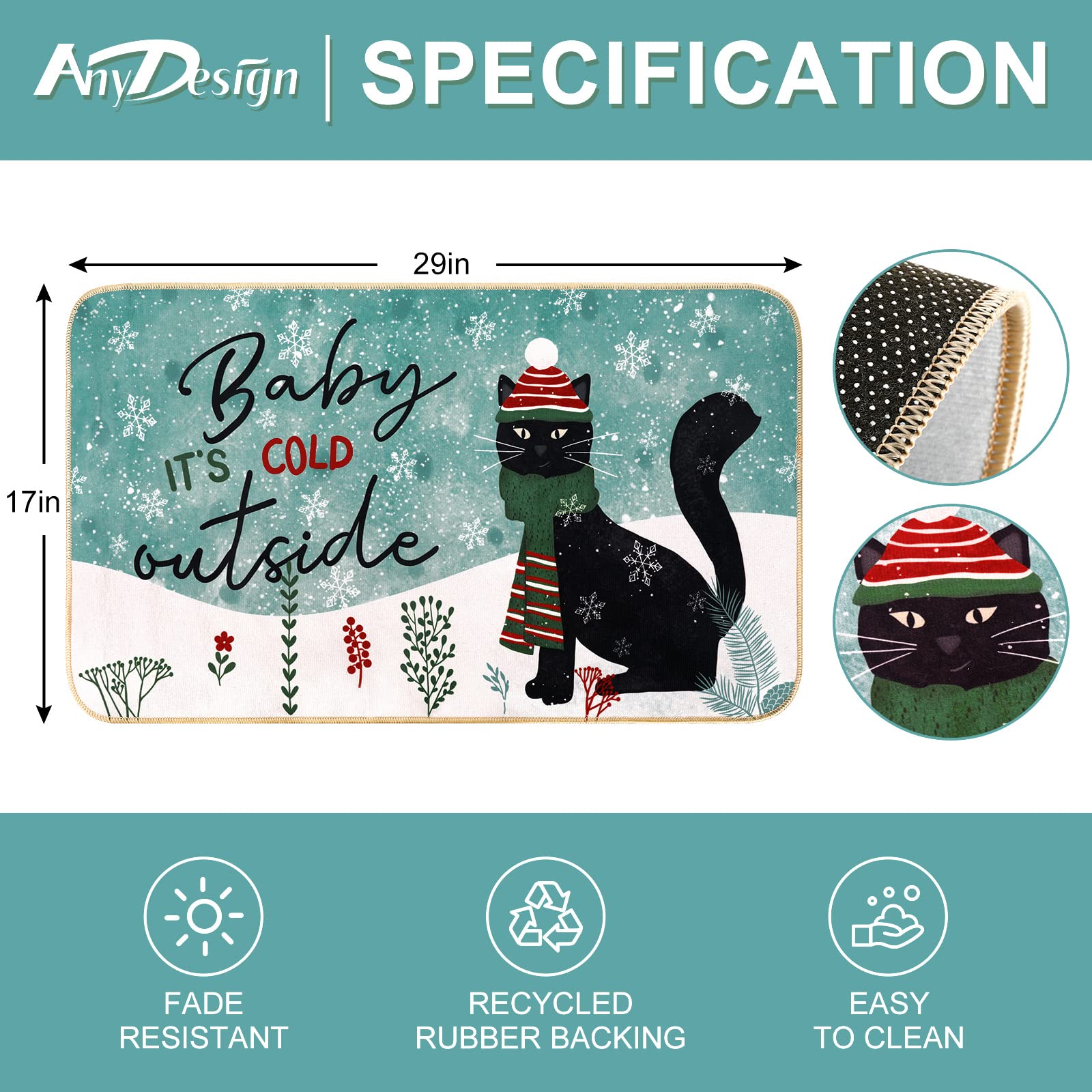 AnyDesign Weihnachts-Fußmatte, schwarze Katze, Baby It's Cold Outdoor, Winter, Filz-Fußmatte mit rutschfester Gummi-Rückseite, Xmas Cartoon-Bodenmatte, Dekor, 43.2x73.7 cm