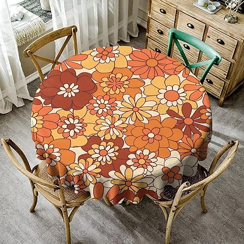 Vista 59 de Mantel floral retro de los años 70, diseño bohemio abstracto de flores amarillas naranjas para decoración de mesa de campo, granja, cocina, comedor