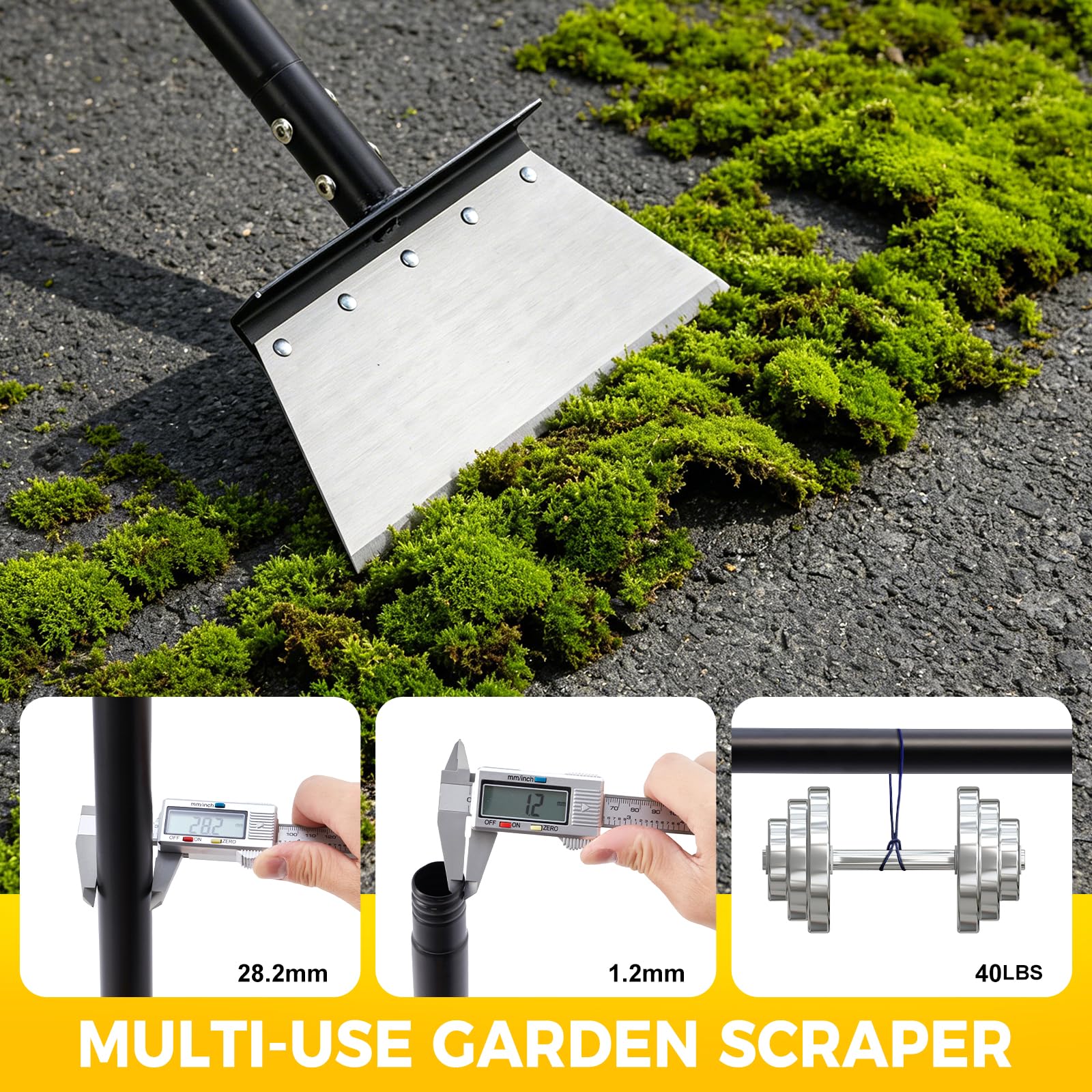 Pala plana de jardín, rascador de suelo de 60 pulgadas, pala de limpieza multifuncional resistente con mango largo ajustable, rascador de suelo de metal para desmalezar, raspar, quitar hielo y