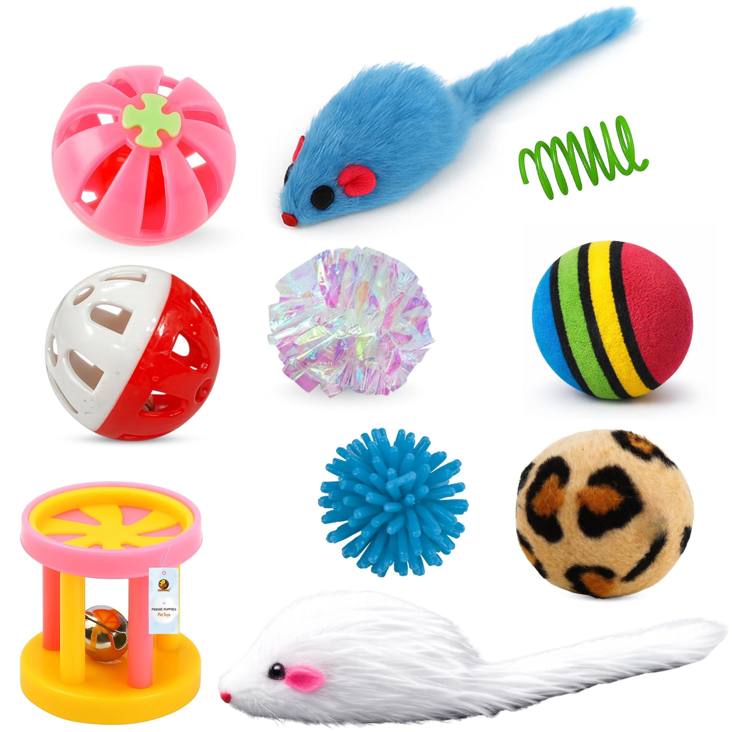 Foodie Puppies 10-Pcs Interactive Cat Mini Toy Combo Set for Cats and Kittens | 4 Balls, Feather Fish, Plush Mouse, Bell Roller, Crinkle Foil, Plastic Coils Playset for Swatting, Biting & Hunting-image-14