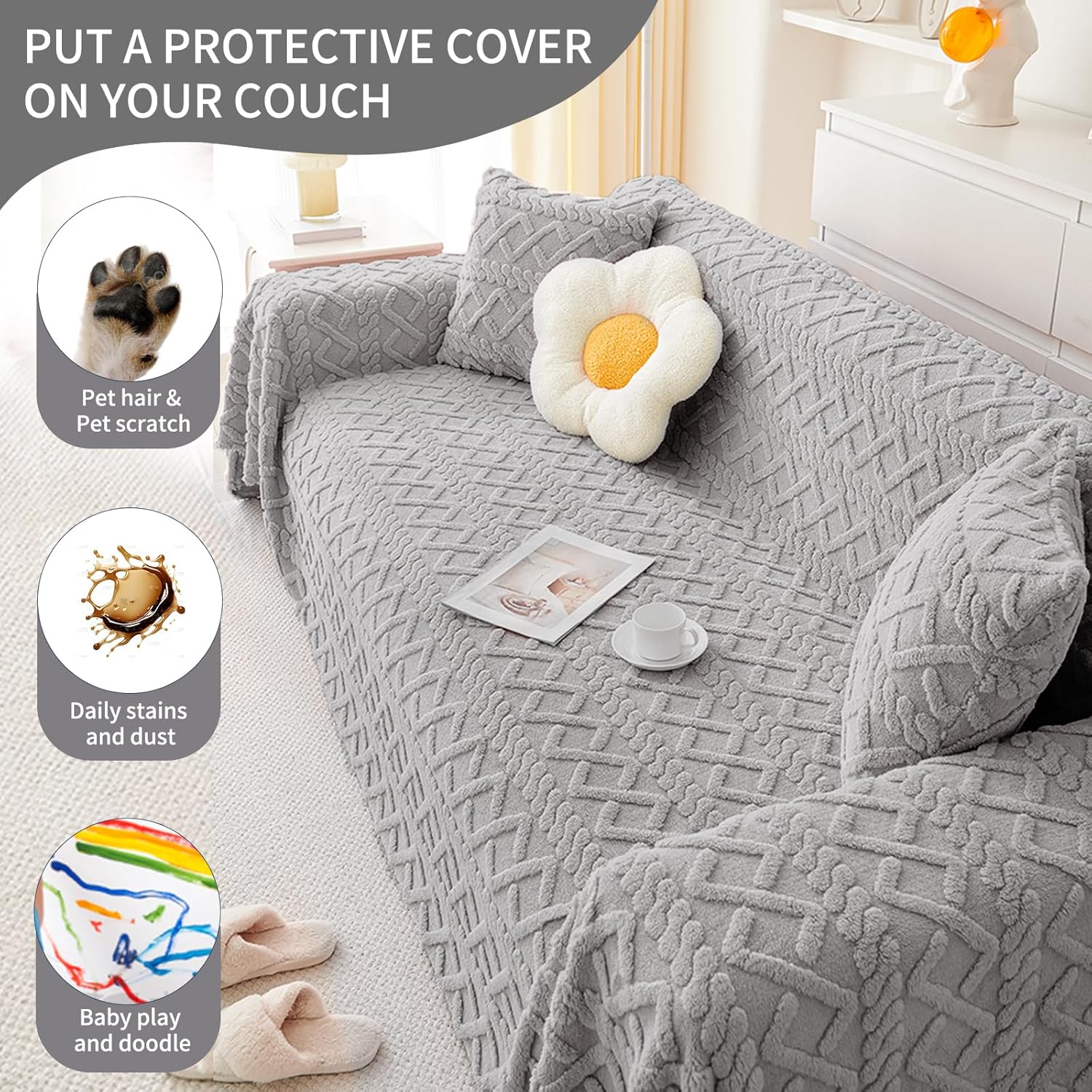 Sofa Covers Couch Covers for 3 Cute Couch Cushion Covers Pet Protector Winter Couchcover Loveseat Cover Multi-Functional Throwcover, 71" X134", Grey