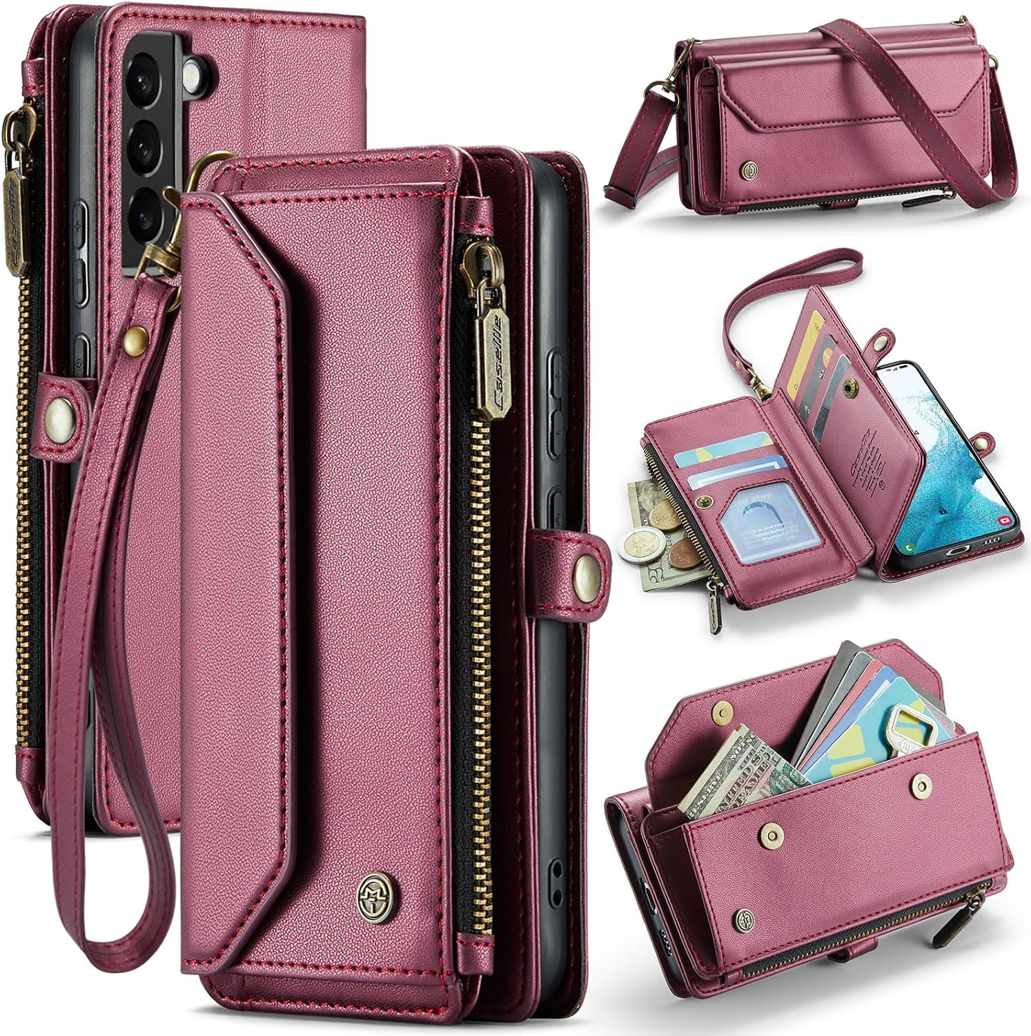 Crossbody Wallet Case for Samsung Galaxy S22 with Card Holder, RFID Blocking, Kickstand, Soft PU Leather, Magnetic Snaps, Zipper Pocket S22 Phone Case Red