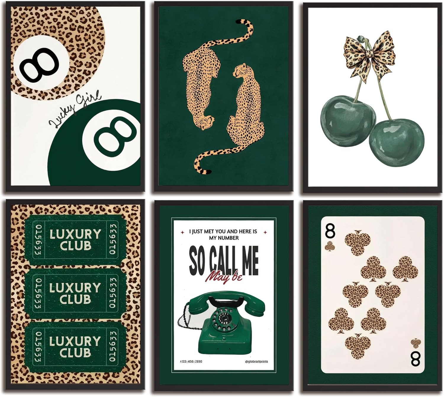 HHB 6Pcs Trendy Green Leopard Canvas Wall Art Unframed 8x10in | Funky Lucky 8 Ball Posters Prints Preppy Funky Aesthetic Lucky Wall Decor Pictures for Girls Bedroom Apartment Decorate