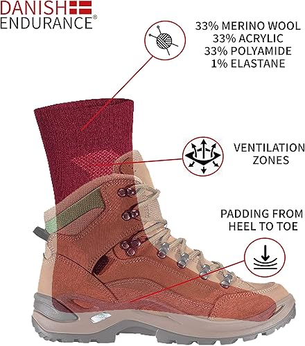 Miniatura 8 de DANISH ENDURANCE Calcetines de senderismo, calcetines de lana merino antiampollas, calcetines acolchados que absorben la humedad para hombres y