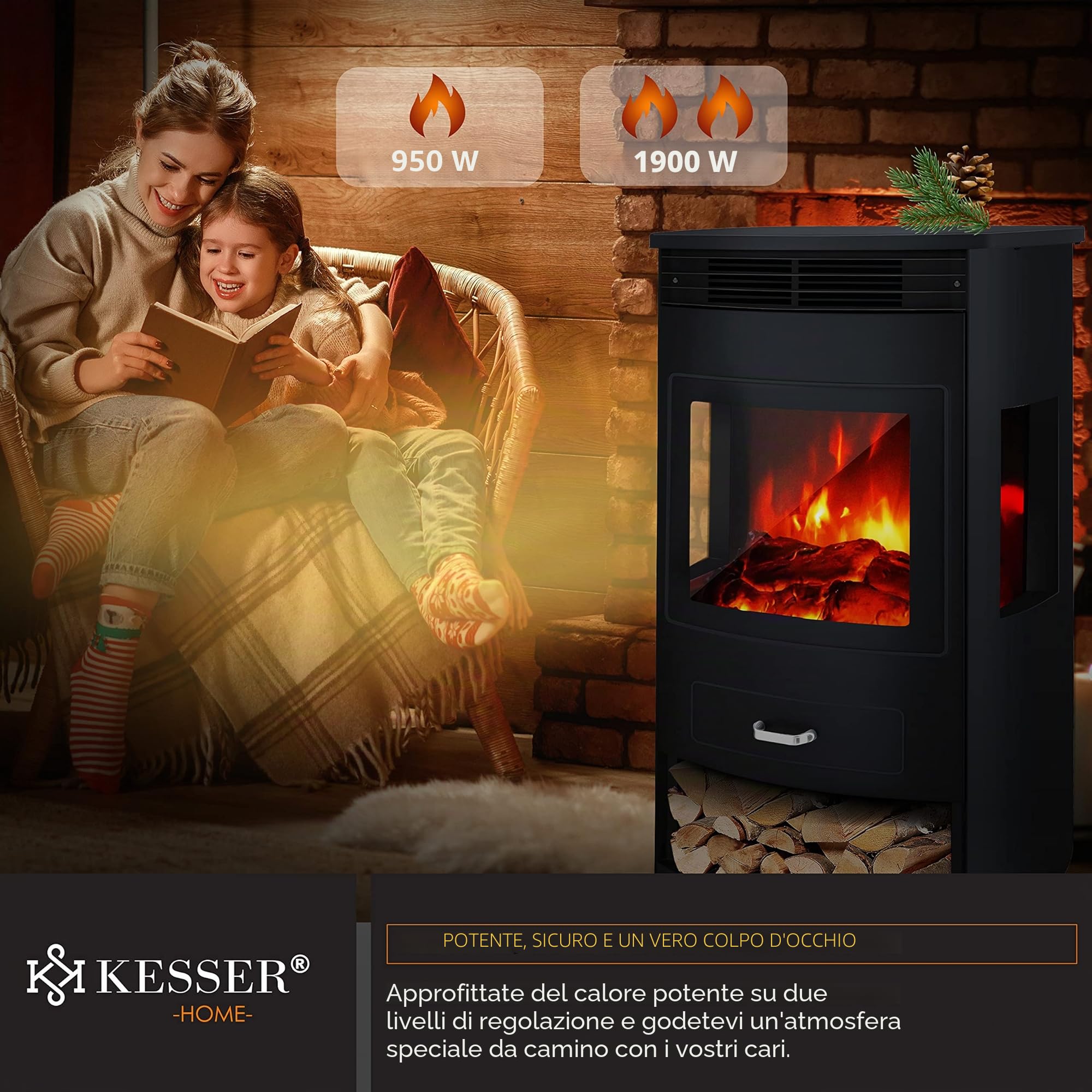 KESSER® Prio Camino Elettrico con Stufa, Termoventilatore, Telecomando, 950/1900 W, Caminetto Elettrico con Effetto Fiamma LED, Rilevamento Finestra Aperta, Fattura Robusta, Telecomando Incluso