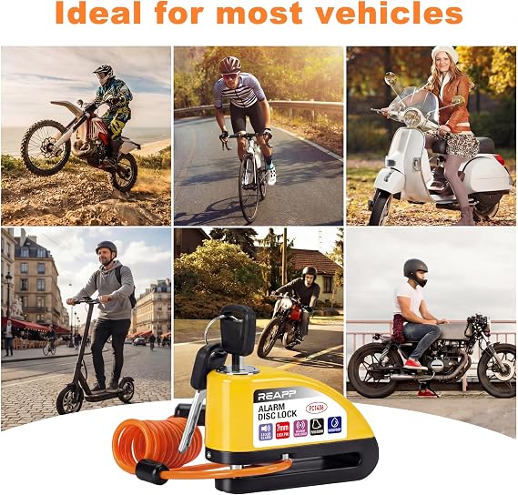 REAPP Alarm Disc Lock Motorbike Lock 110db Anti-Theft for Motorcycle | Disc Brake Lock 110db with Reminder Cable and Carry Pouch, High Security Disc Lock for Motorcycle Bike Moped Motocross