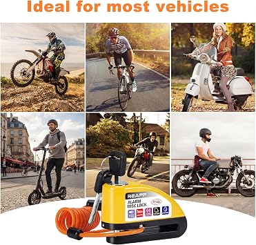 REAPP Alarm Disc Lock Motorbike Lock 110db Anti-Theft for Motorcycle | Disc Brake Lock 110db with Reminder Cable and Carry Pouch, High Security Disc Lock for Motorcycle Bike Moped Motocross