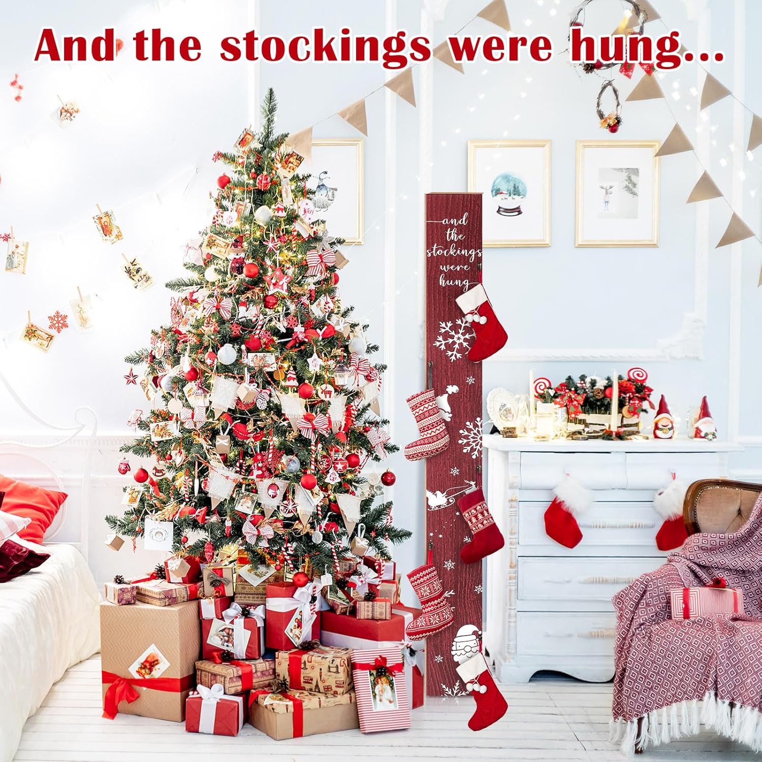 70 Inch Freestanding Christmas Stocking Holder with 5 Hooks Vertical Collapsible Holder Stand The Stocking were Hung Wood Sign for No Fireplace Small Homes Xmas Decoration