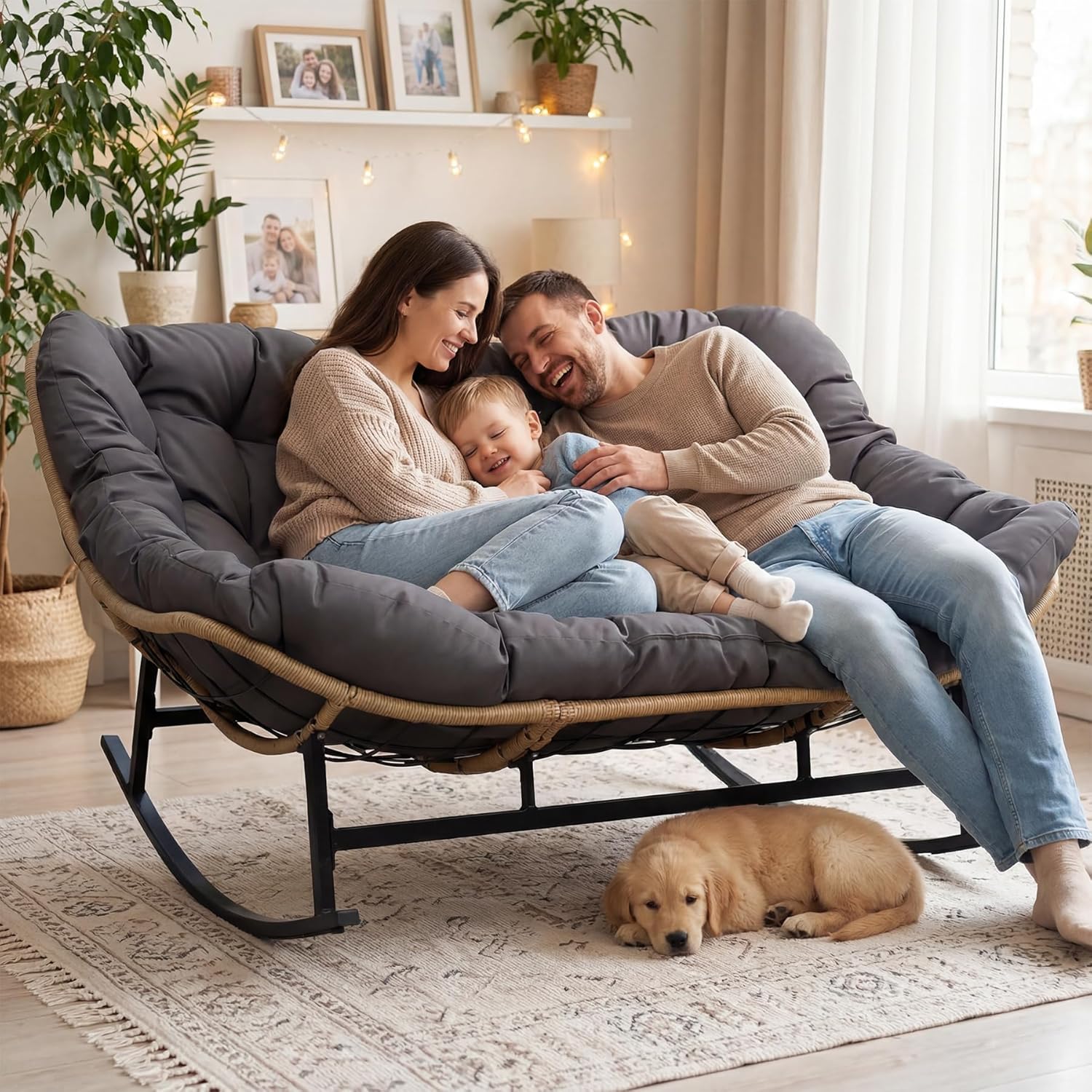 NICESOUL Double Wide Rocking Papasan Chair Outdoor Indoor for 2, PE Wicker Patio Rocking Chair with Cushion and Frame, 700 lbs Heavy Duty Big Comfy Lounge Chair for Porch, Balcony & Living Room, Grey