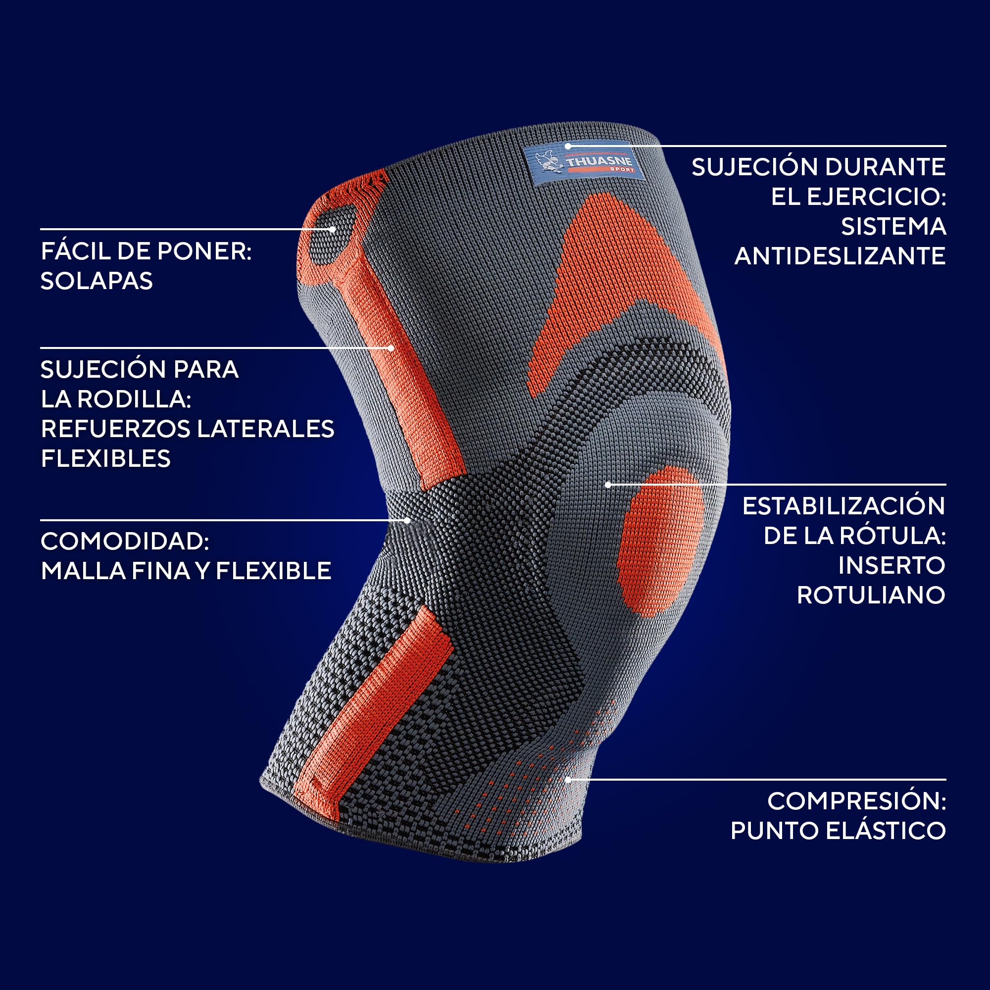 THUASNE SPORT - RODILLERA ROTULIANA REFORZADA - TENDINOPATÍA, INESTABILIDAD ROTULIANA LEVE - TEJIDO COMPRESIVO - ÍNDICE DE SUJECIÓN 3/5 - DISPOSITIVO MÉDICO CE