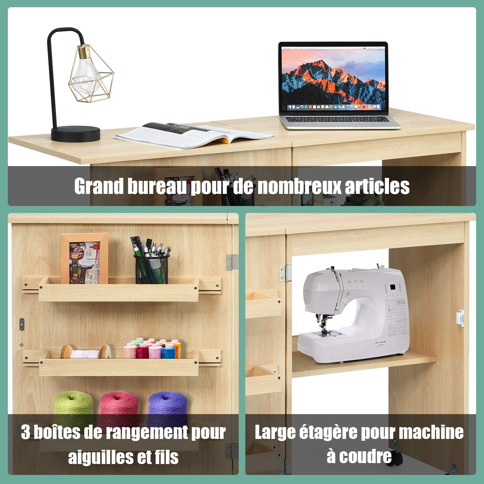 DREAMADE Table de Couture Pliante, Meuble Machine à Coudre en Bois avec 3 Étagères,Bureau Couture avec roulettes, 117X40X78CM (Couleur de Bois)